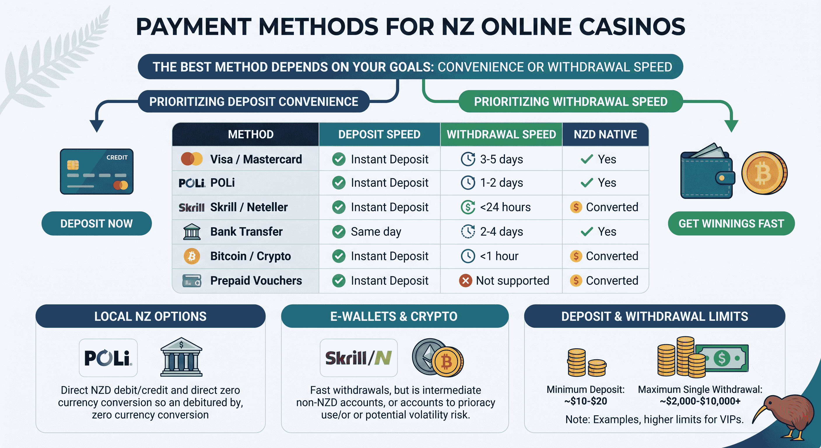 Common NZD-supported payment methods at online casinos, including POLi, cards and e-wallets